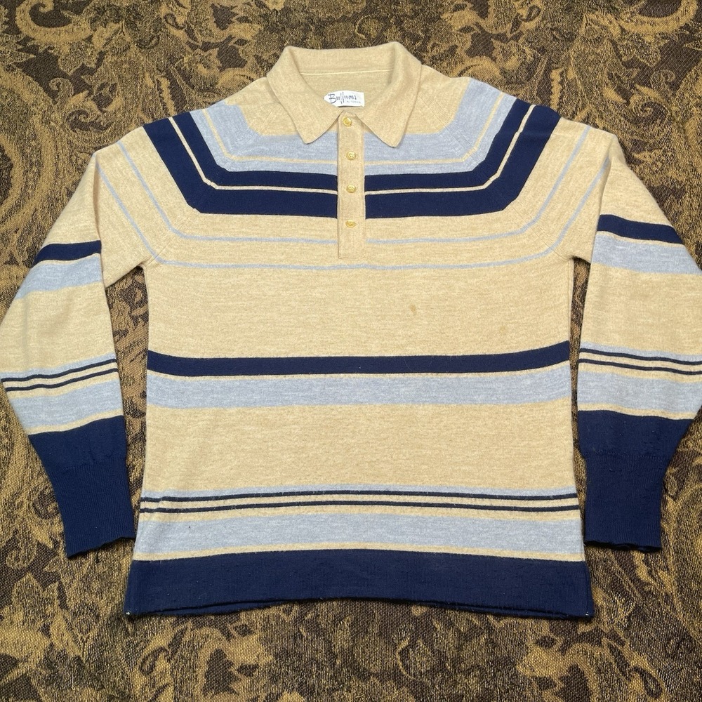 Vtg 70s Surf Stripe Polo Retro Mod Shirt Atomic Sweater Mens Size Medium Hippie